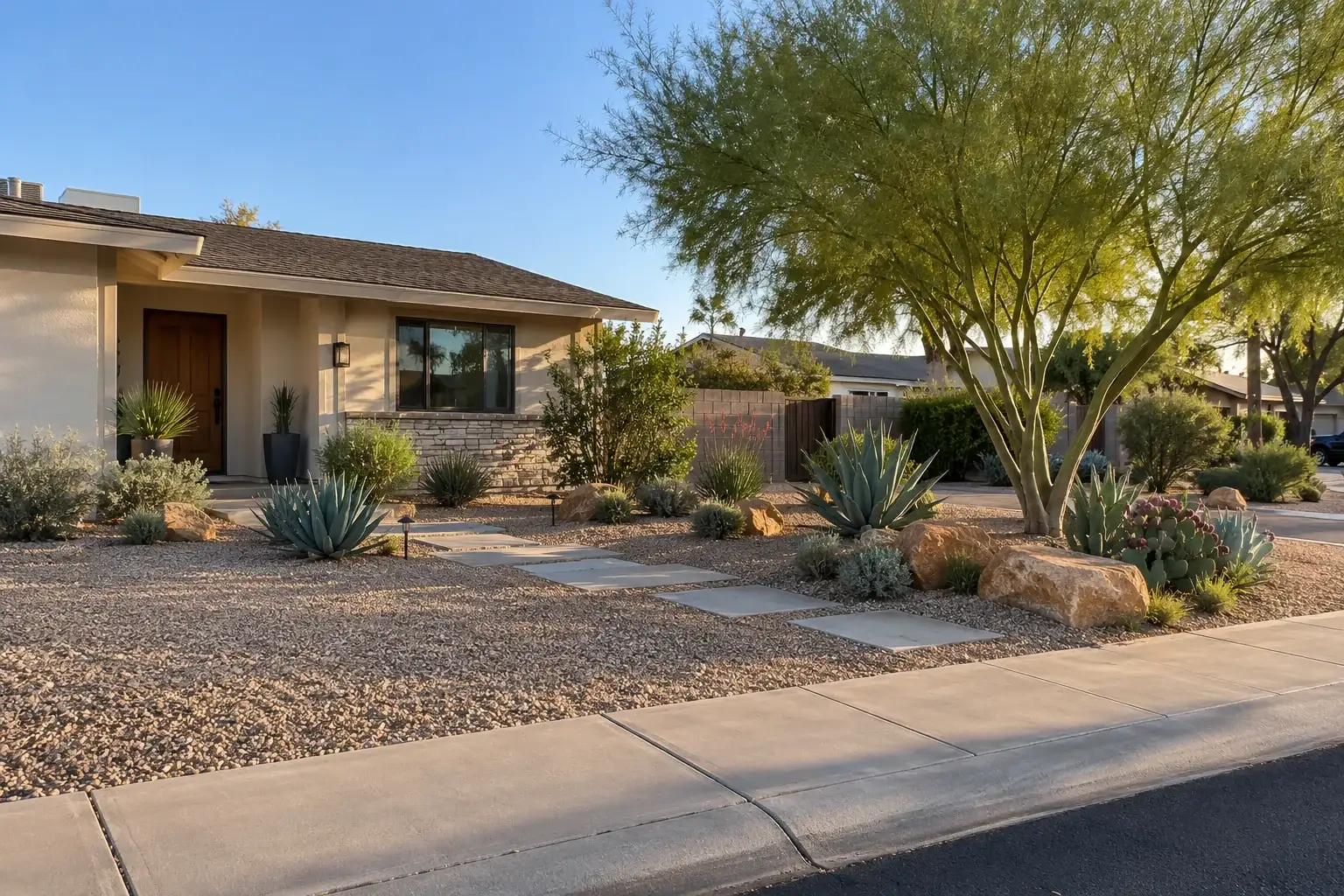 Desert front yard with a palo verde tree, agaves and gravel beds in front of a single-story house
