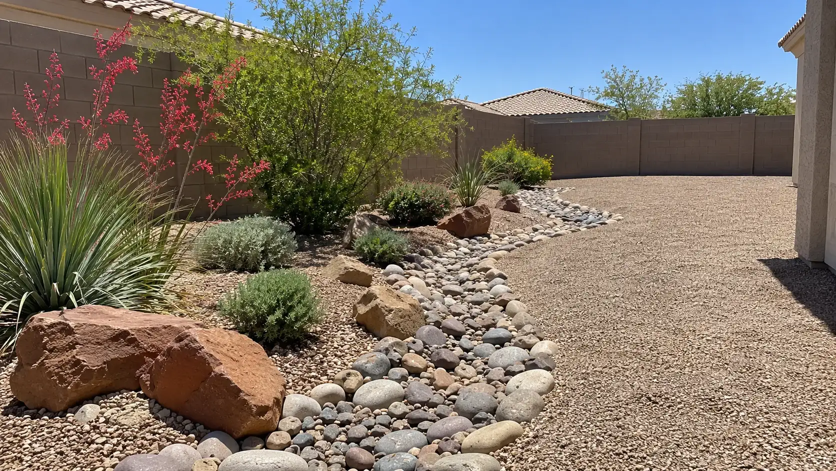Dry wash of river rock and boulders winding through a gravel garden with red yucca and agaves