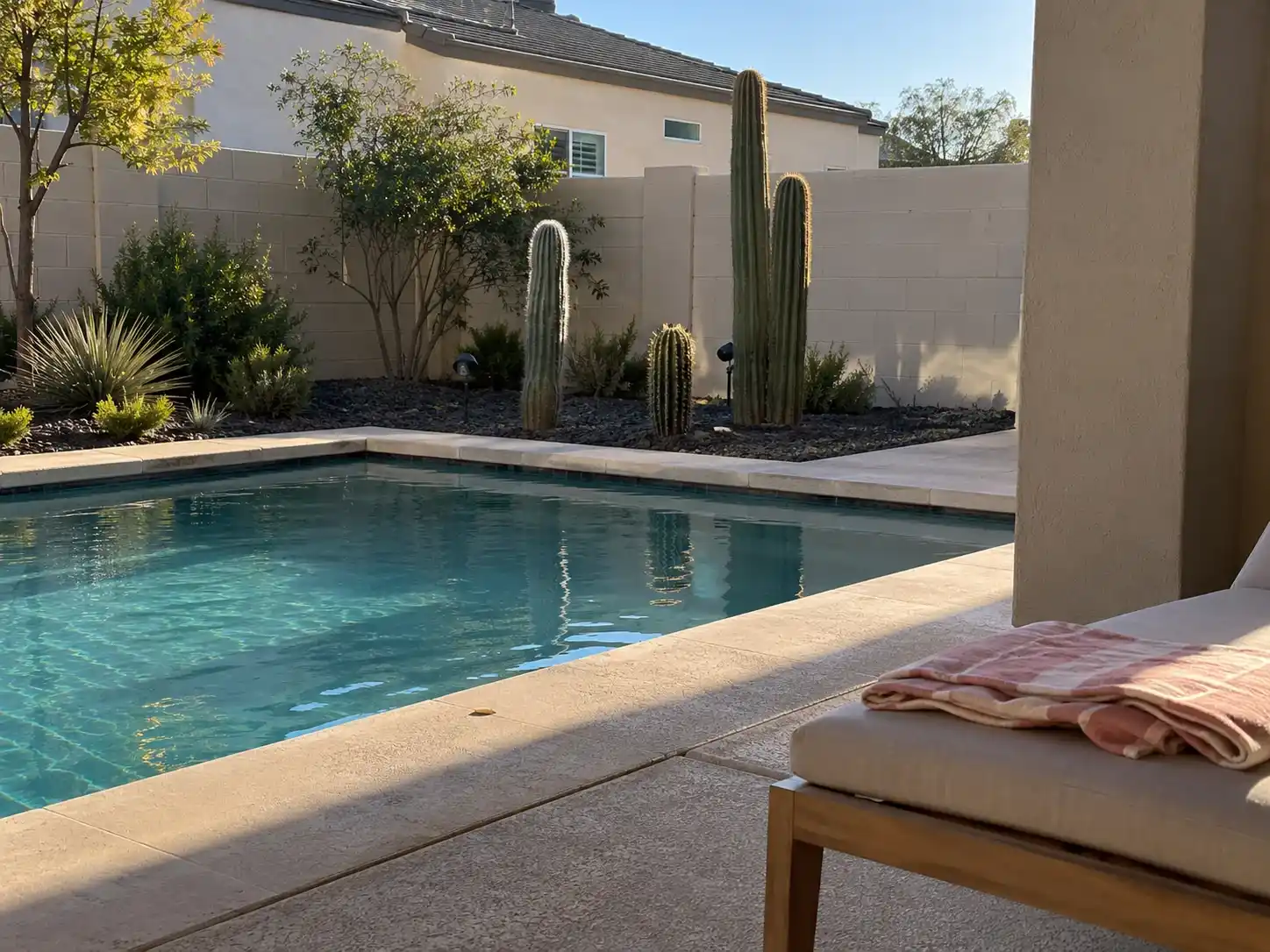 Backyard pool edged by columnar cactus, agaves and dark gravel along a block wall