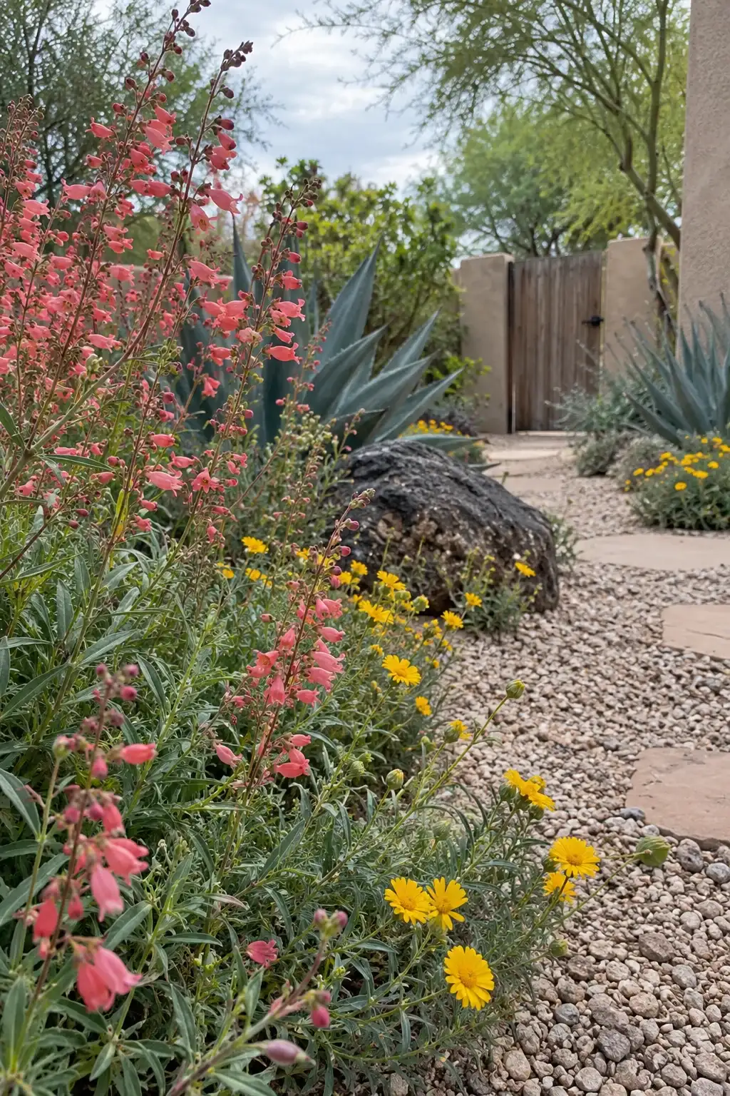 Red and yellow desert flowers and agaves beside a narrow gravel path