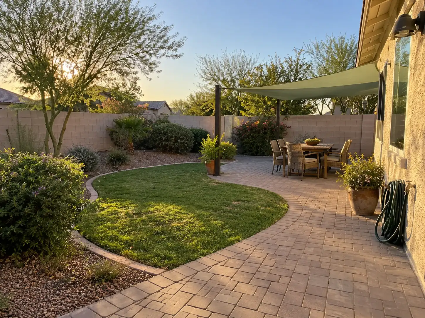 Family backyard with a curved lawn, a paver terrace, a dining table and a shade sail