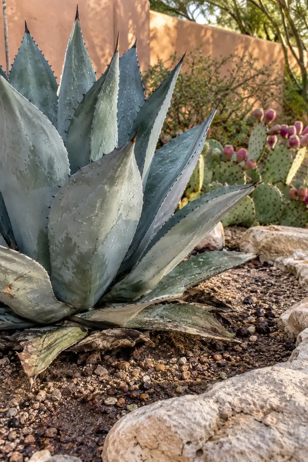 Blue agave in a gravel bed with rain drops on its leaves