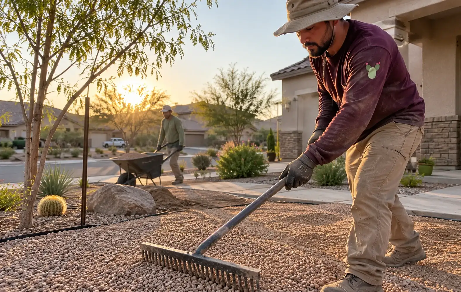 Landscaper raking gravel in a front yard at sunrise while a second worker pushes a wheelbarrow