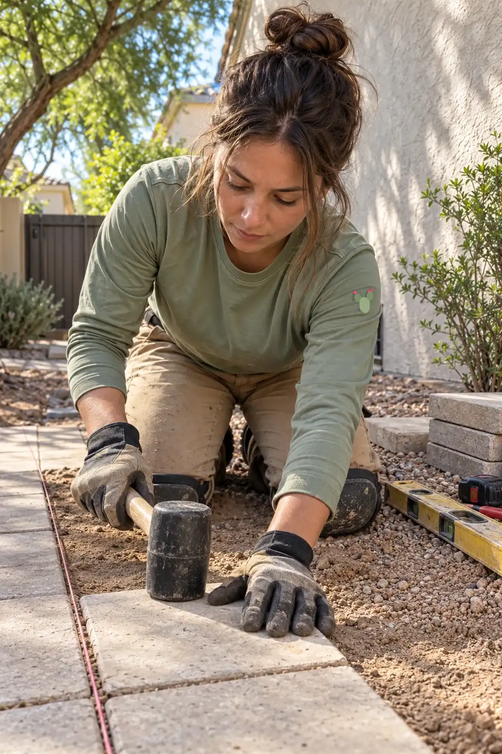 Gloved hands setting a paver with a rubber mallet on a sand bed