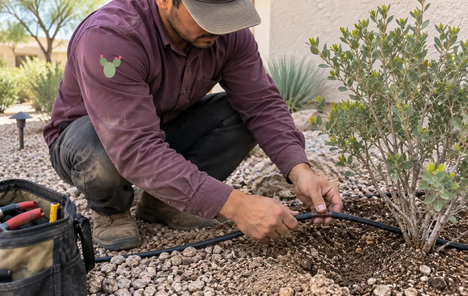 Landscaper kneeling in gravel to connect drip irrigation tubing beside a shrub