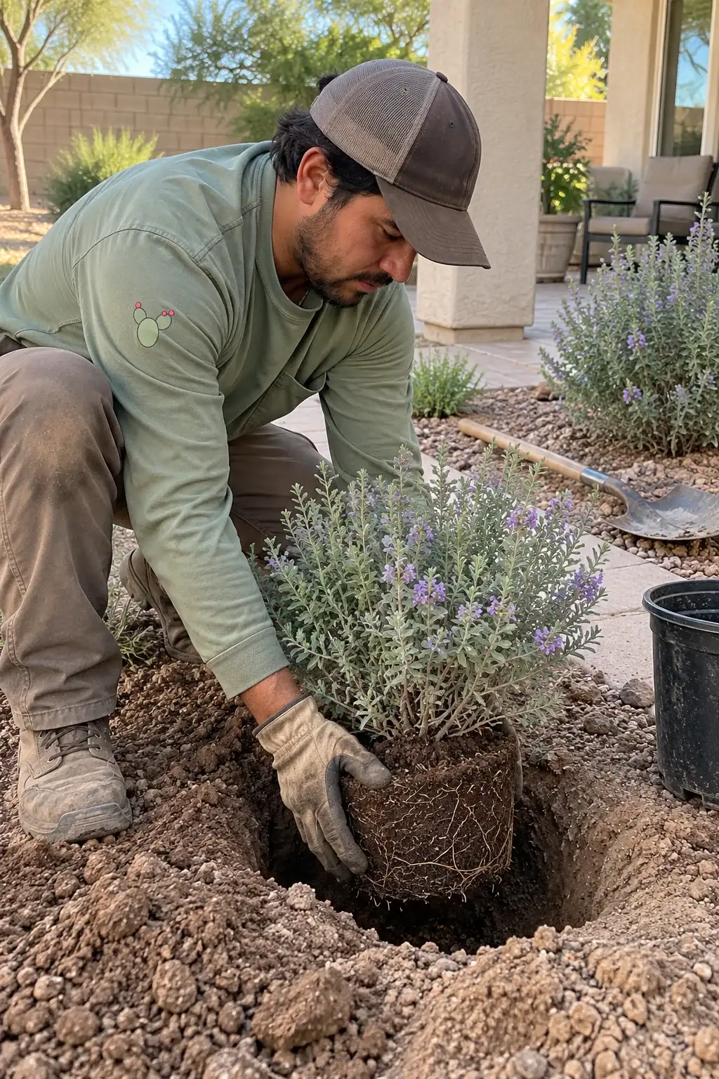 Landscaper lowering a sage root ball into a freshly dug planting hole