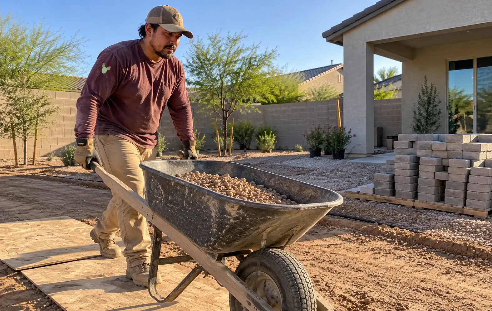 Landscaper pushing a wheelbarrow of gravel past a stack of pavers in a new backyard