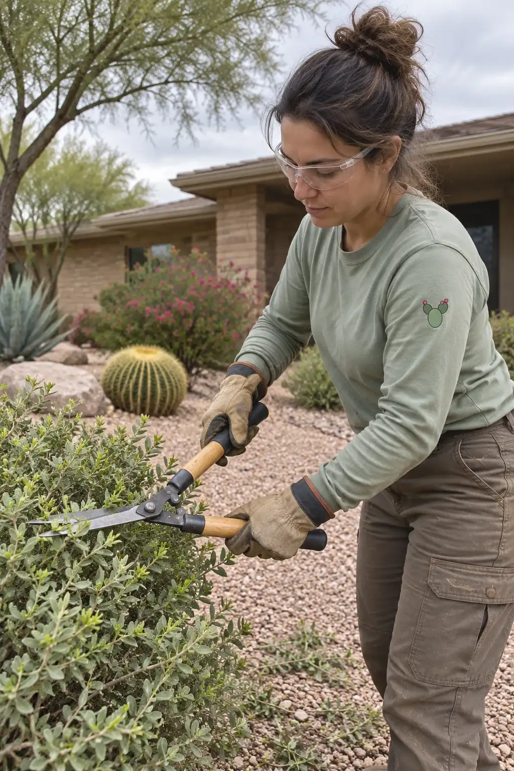 Landscaper in safety glasses trimming a shrub with hand shears