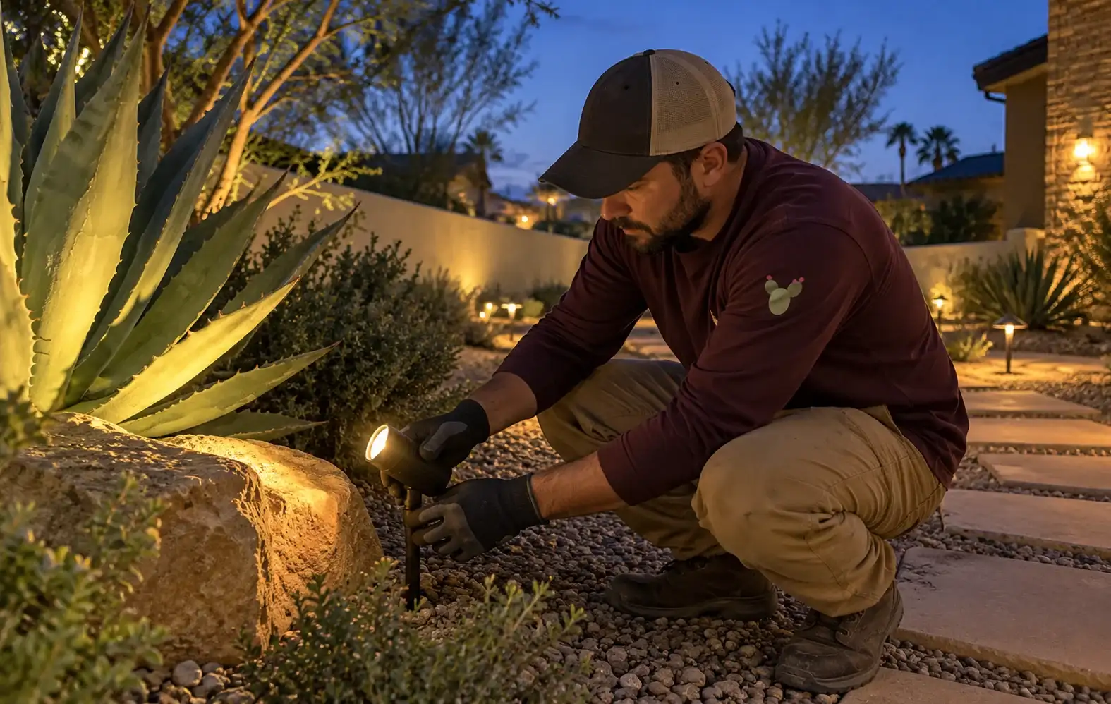 Landscaper adjusting a low garden spotlight beside a lit agave at blue hour