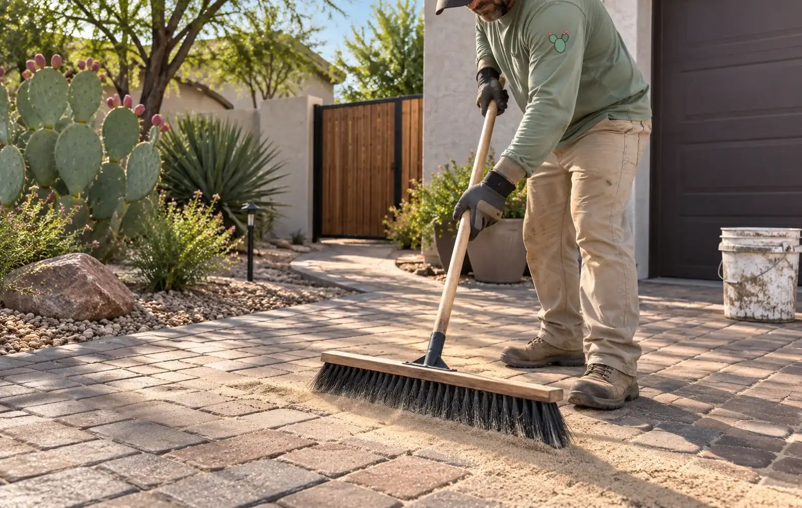 Landscaper sweeping joint sand across a new paver path beside prickly pear