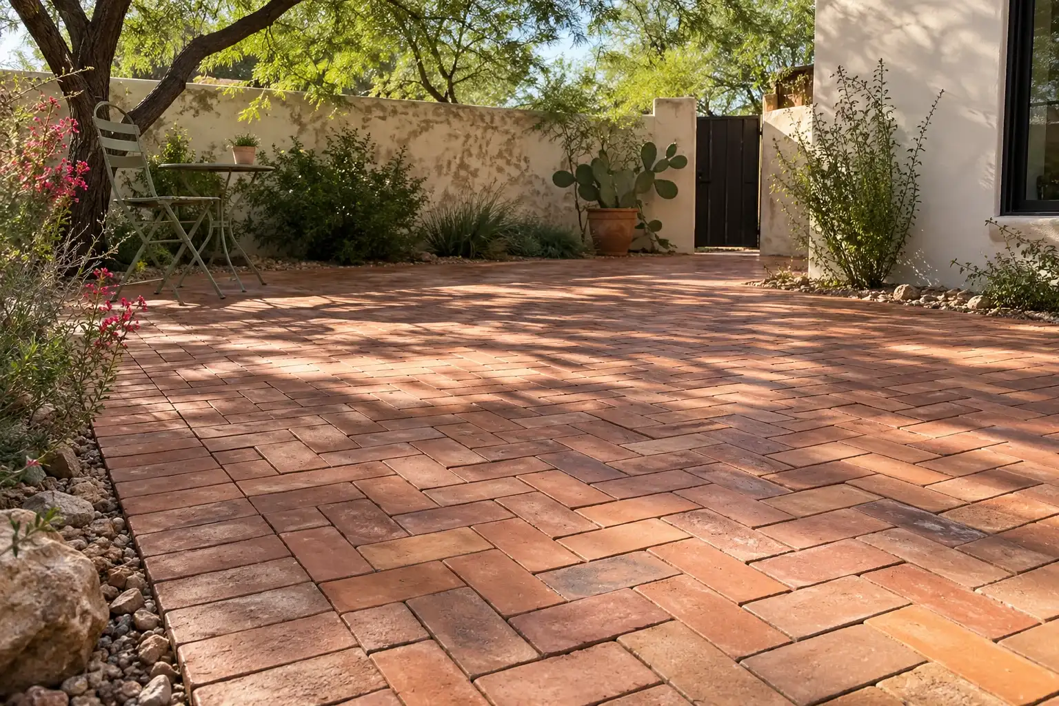 Backyard patio of warm clay brick laid in a herringbone pattern