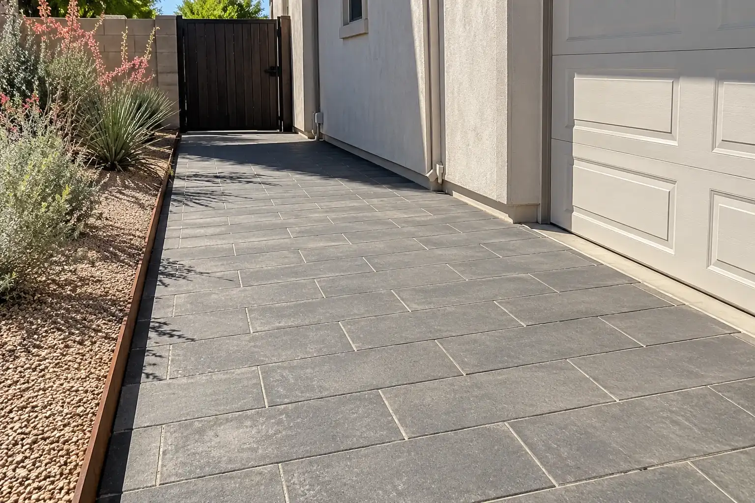 Side yard walk of charcoal concrete pavers in a running bond along a steel edge
