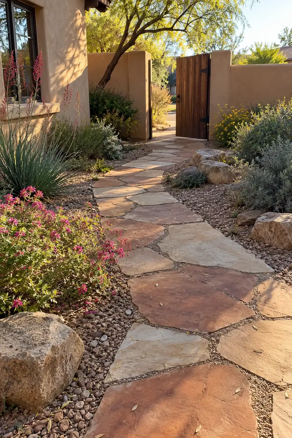 Flagstone path of irregular sandstone slabs through desert planting