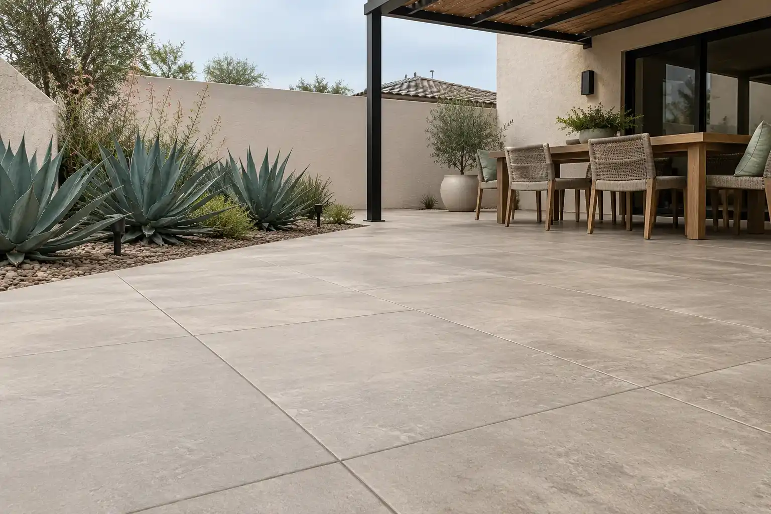 Covered patio of large greige porcelain pavers with a dining table and agaves