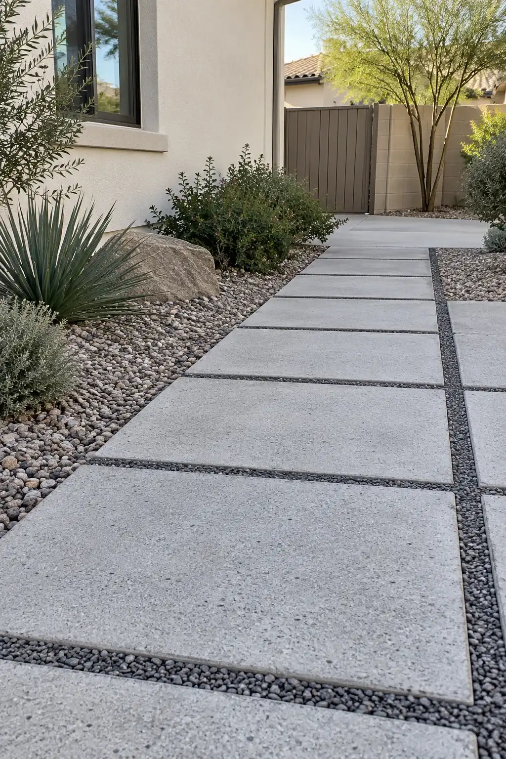 Walkway of pale concrete pavers separated by dark gravel joints