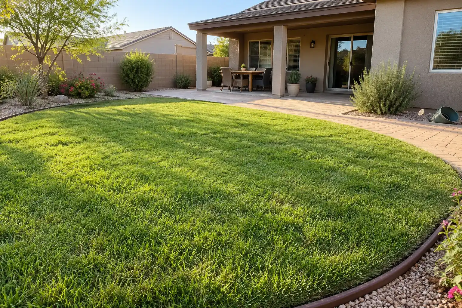 Curved natural grass lawn edged in steel in front of a covered patio