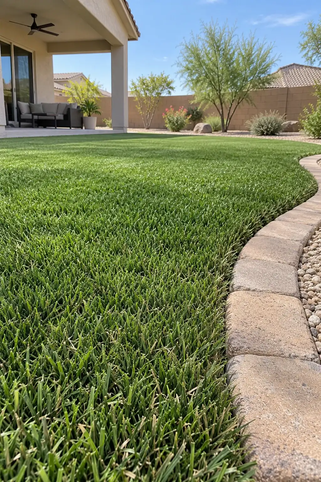 Close view of longer-pile artificial turf curving along a paver border