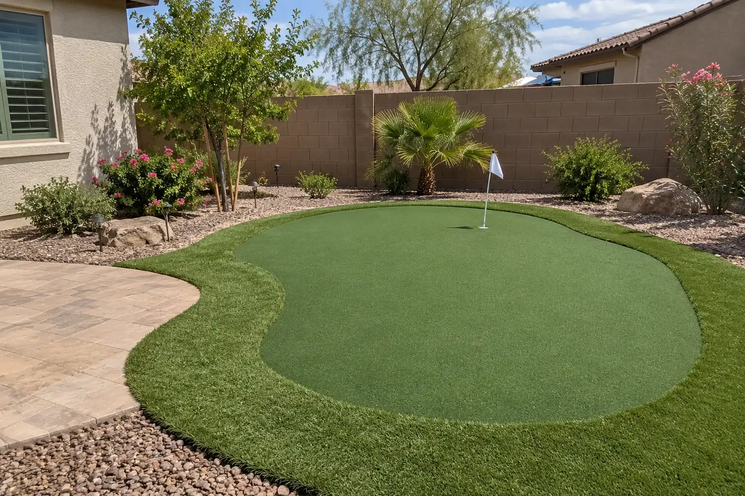 Small backyard putting green with a flag, a fringe of turf and gravel beds