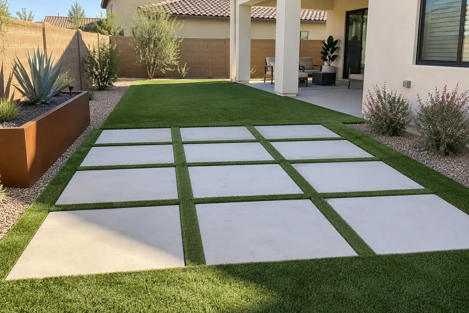 Grid of square concrete steppers set in artificial turf beside a steel planter