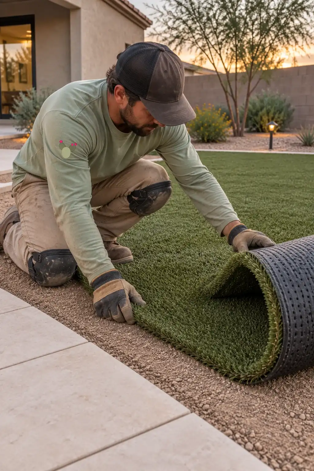 Landscaper unrolling artificial turf over a prepared base next to a concrete walk